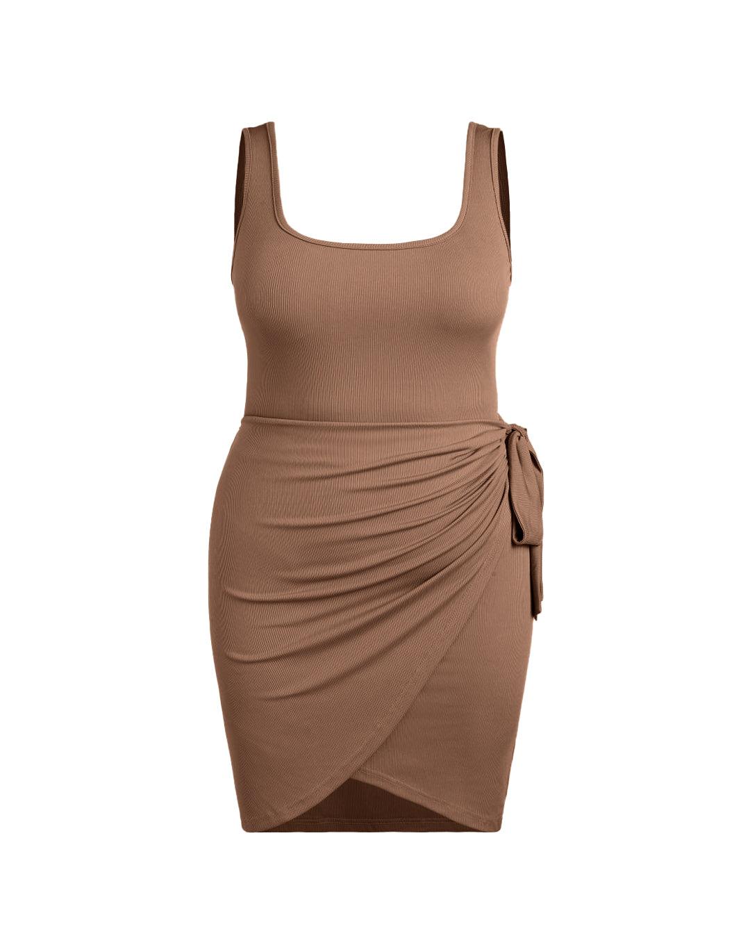 U-neckline Knotted Ruched Sleeveless Brown Mini Dress Curve & Plus - Image 3