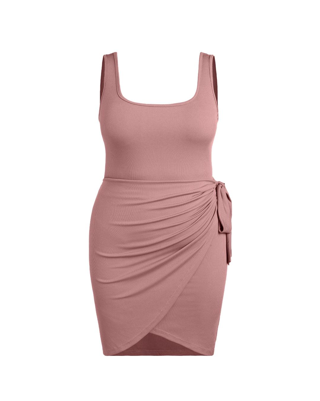 U-neckline Knotted Ruched Sleeveless Pink Mini Dress Curve & Plus - Image 3