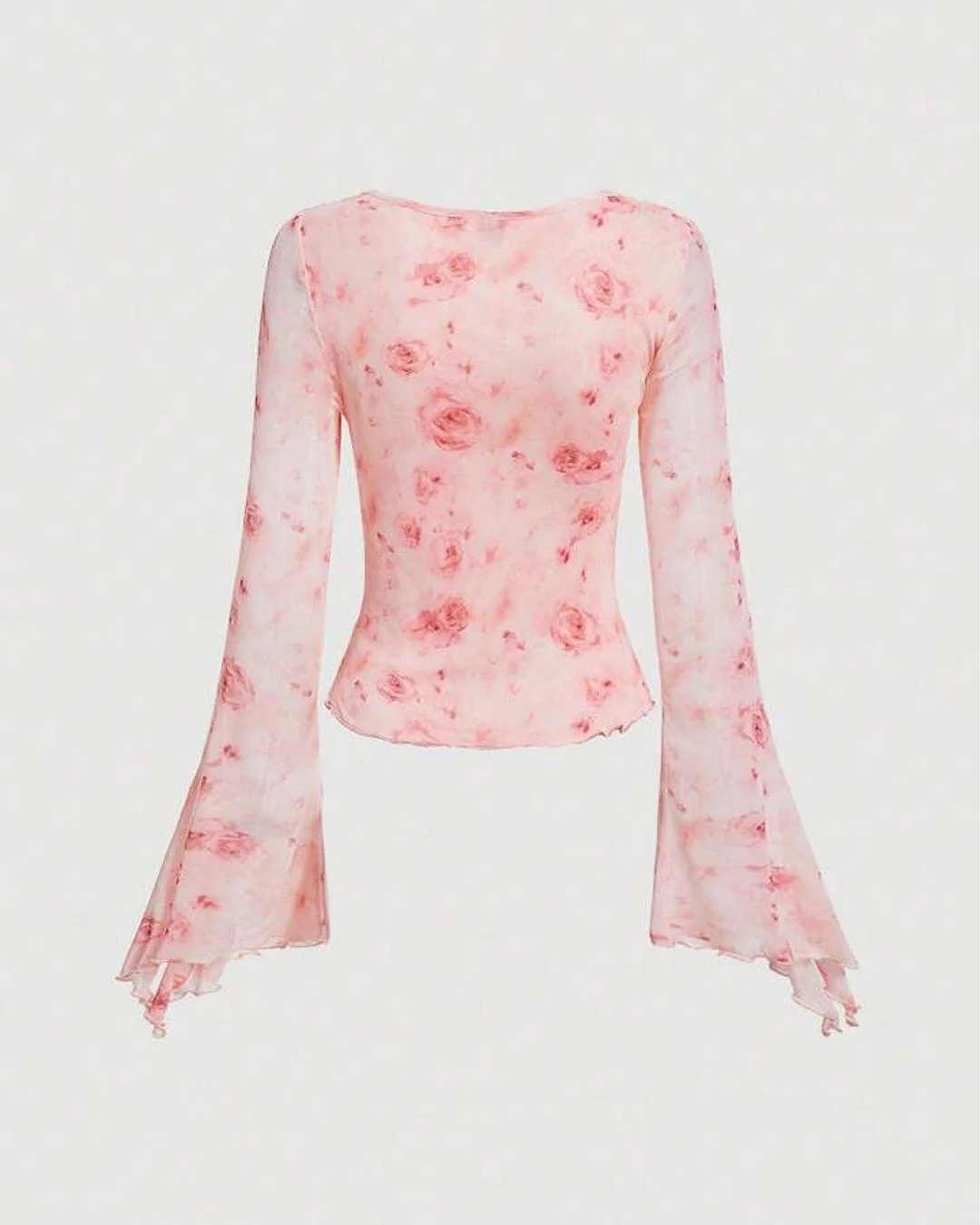 Floral Tie Up Full Sleeve Fitted Crop Top in Pink - Image 3