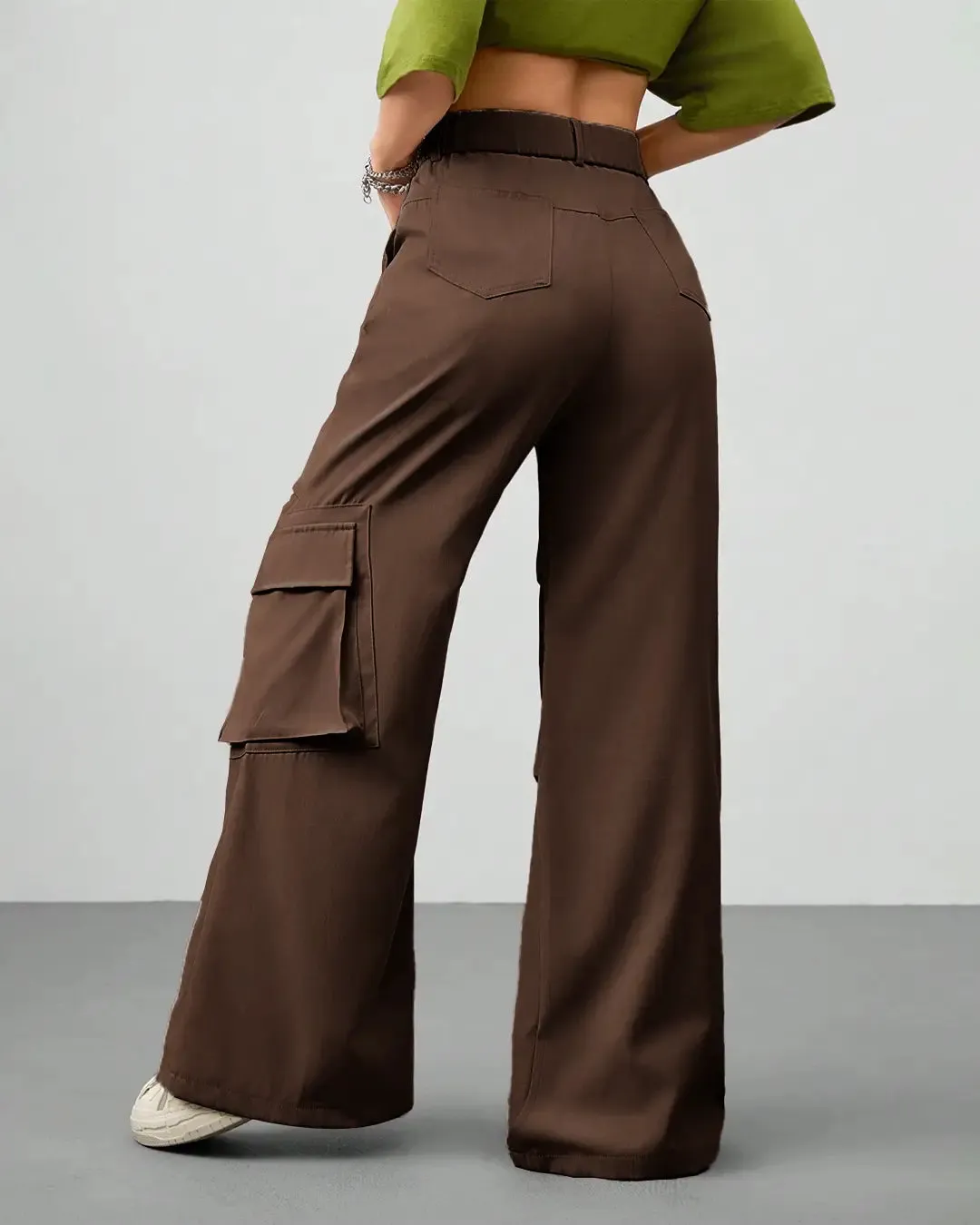 Vintage Wide Leg Flap Pockets Cargo Pants In Chocolate Brown - Image 3