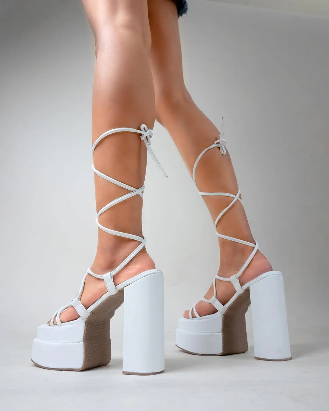White Platform Heels with Lace Up Straps - Image 3