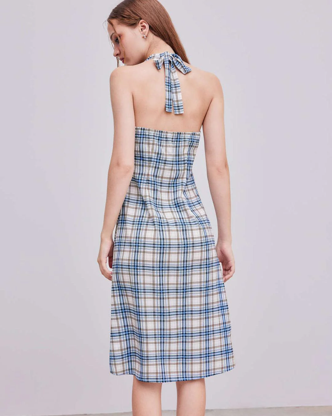 Woven Halter Check Knotted Midi Dress - Image 4